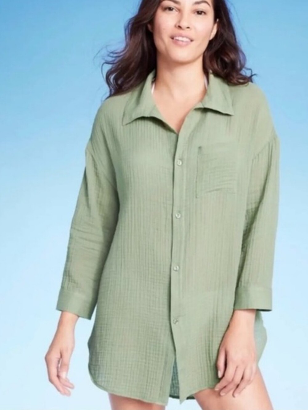Kona Sol Sage Green Button-Front Swim Cover-Up Size Large